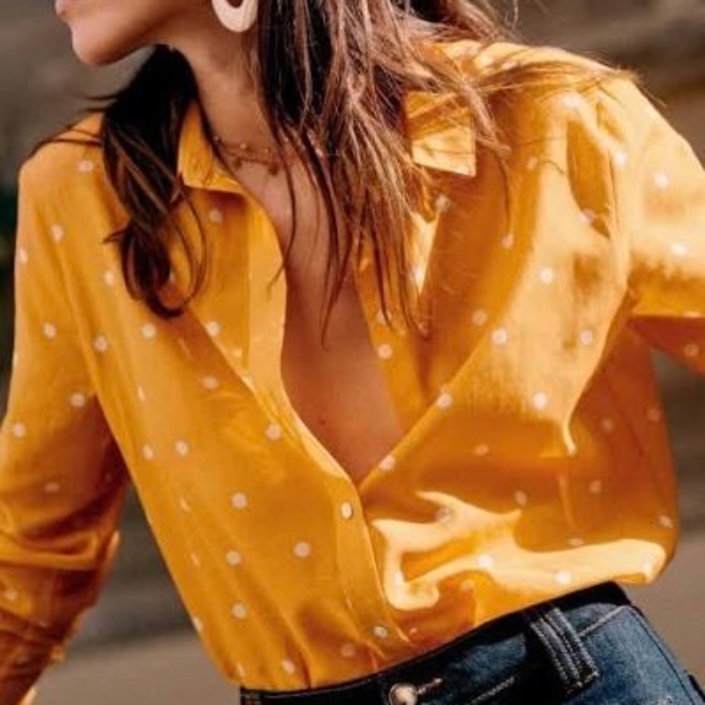 Sezane Ann shirt in Ochre with Ecru Polka Dots -- Size 10 US / 42 FR